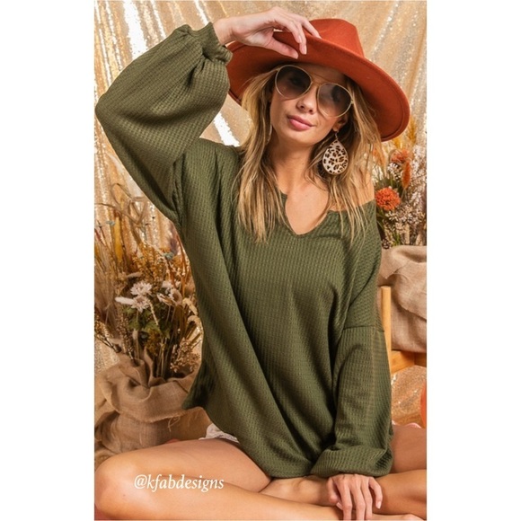 LAST 1! Soft Waffle Knit Deep Olive Thermal Top with Balloon Sleeves - Picture 3 of 7